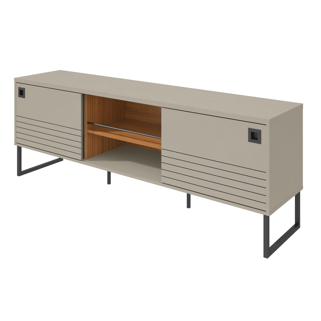 Manhattan Comfort Loft 70.47 Modern TV Stand with Media Shelves and Steel Legs in Off White and Wood
