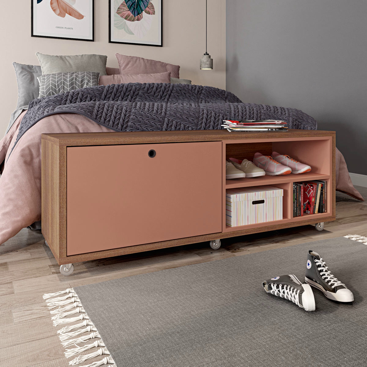 Manhattan Comfort Windsor 53.62 Modern Shoe Rack Bed Bench with Silicon Casters in Ceramic Pink and Nature