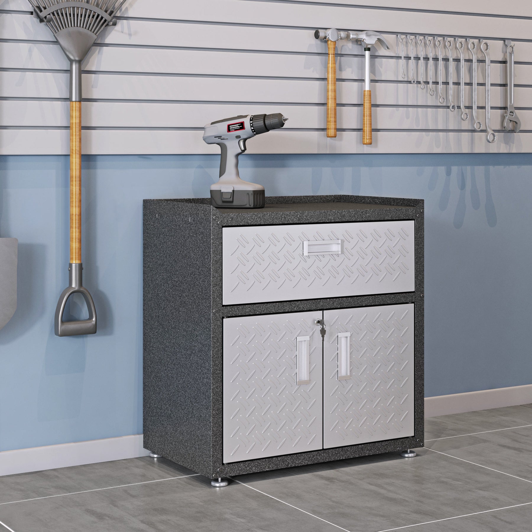 Manhattan Comfort 6-Piece Fortress Textured Garage Set with Cabinets, Wall Units and Table in Grey.-Minimal & Modern