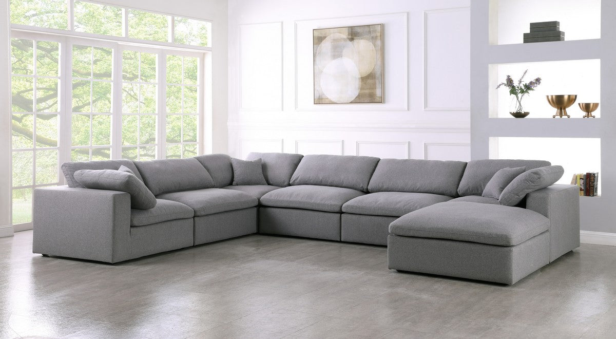 Meridian Furniture Serene Grey Linen Fabric Deluxe Cloud Modular Sectional