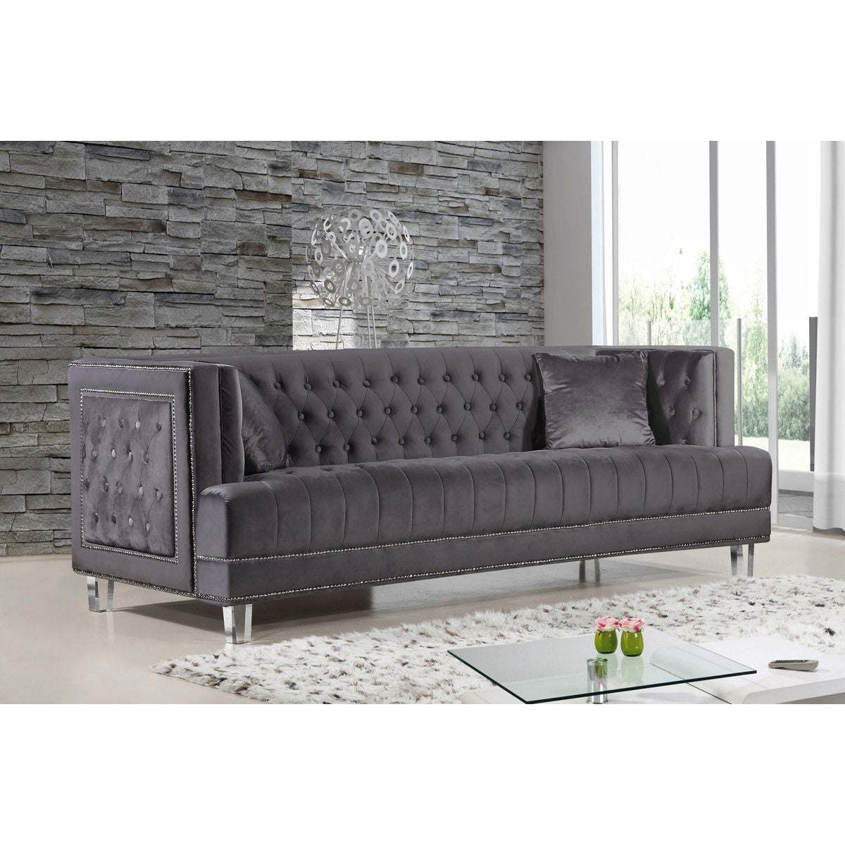 Meridian Furniture Lucas Grey Velvet Sofa-Minimal & Modern