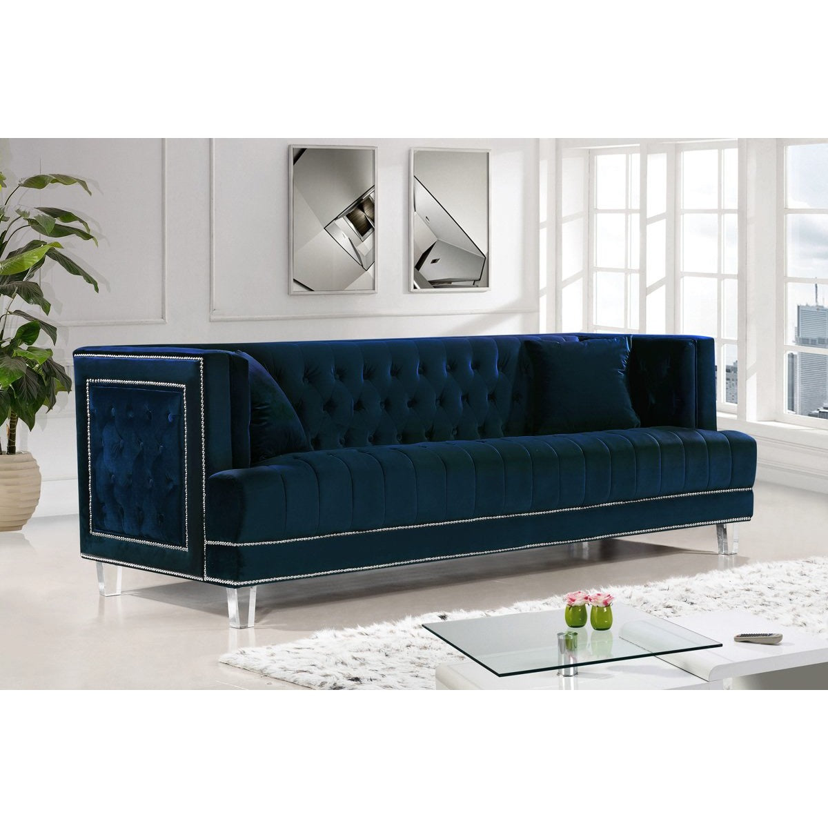 Meridian Furniture Lucas Navy Velvet Sofa-Minimal & Modern
