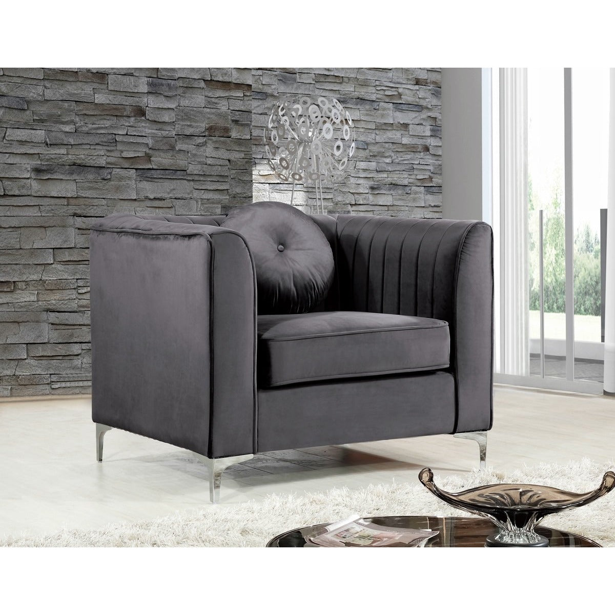 Meridian Furniture Isabelle Grey Velvet Chair-Minimal & Modern
