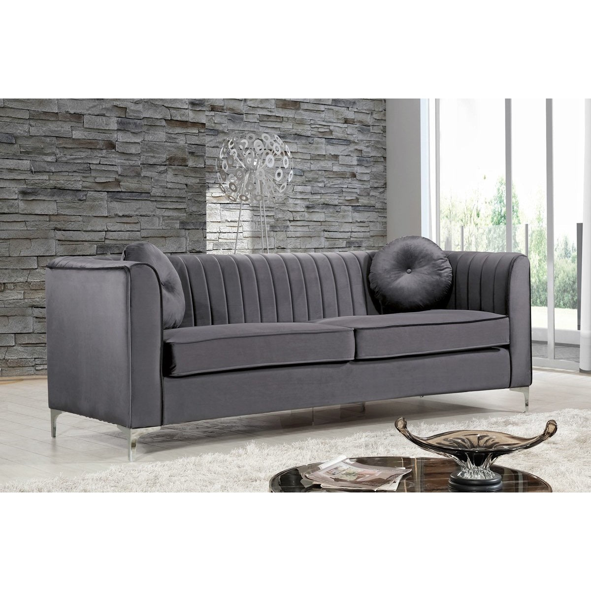 Meridian Furniture Isabelle Grey Velvet Sofa-Minimal & Modern