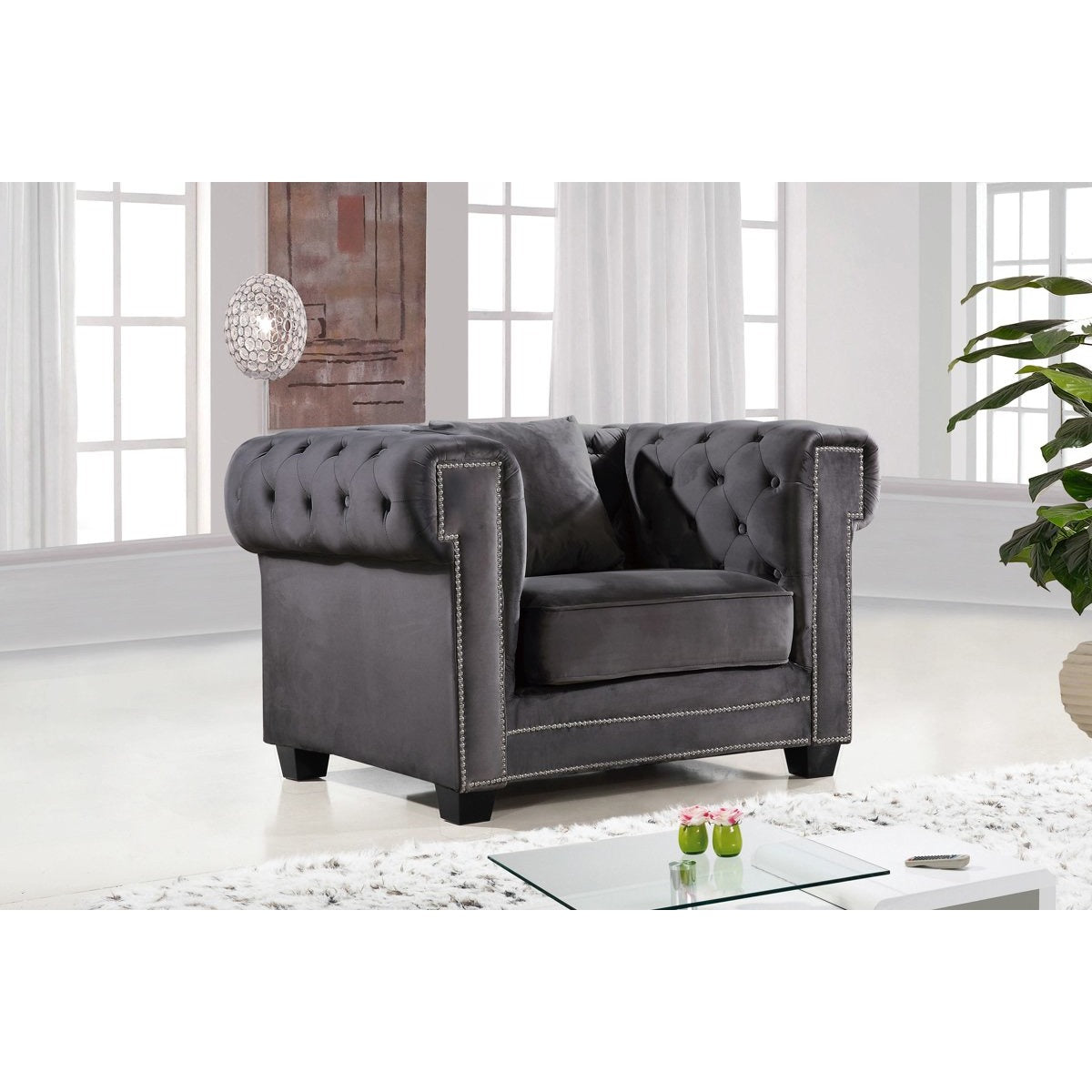 Meridian Furniture Bowery Grey Velvet Chair-Minimal & Modern