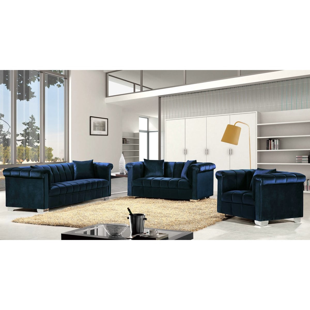 Meridian Furniture Kayla Navy Velvet Loveseat-Minimal & Modern