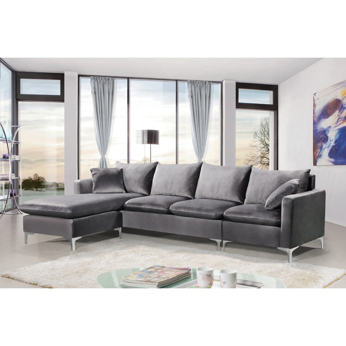 Meridian Furniture Naomi Grey Velvet 3pc. Sectional-Minimal & Modern