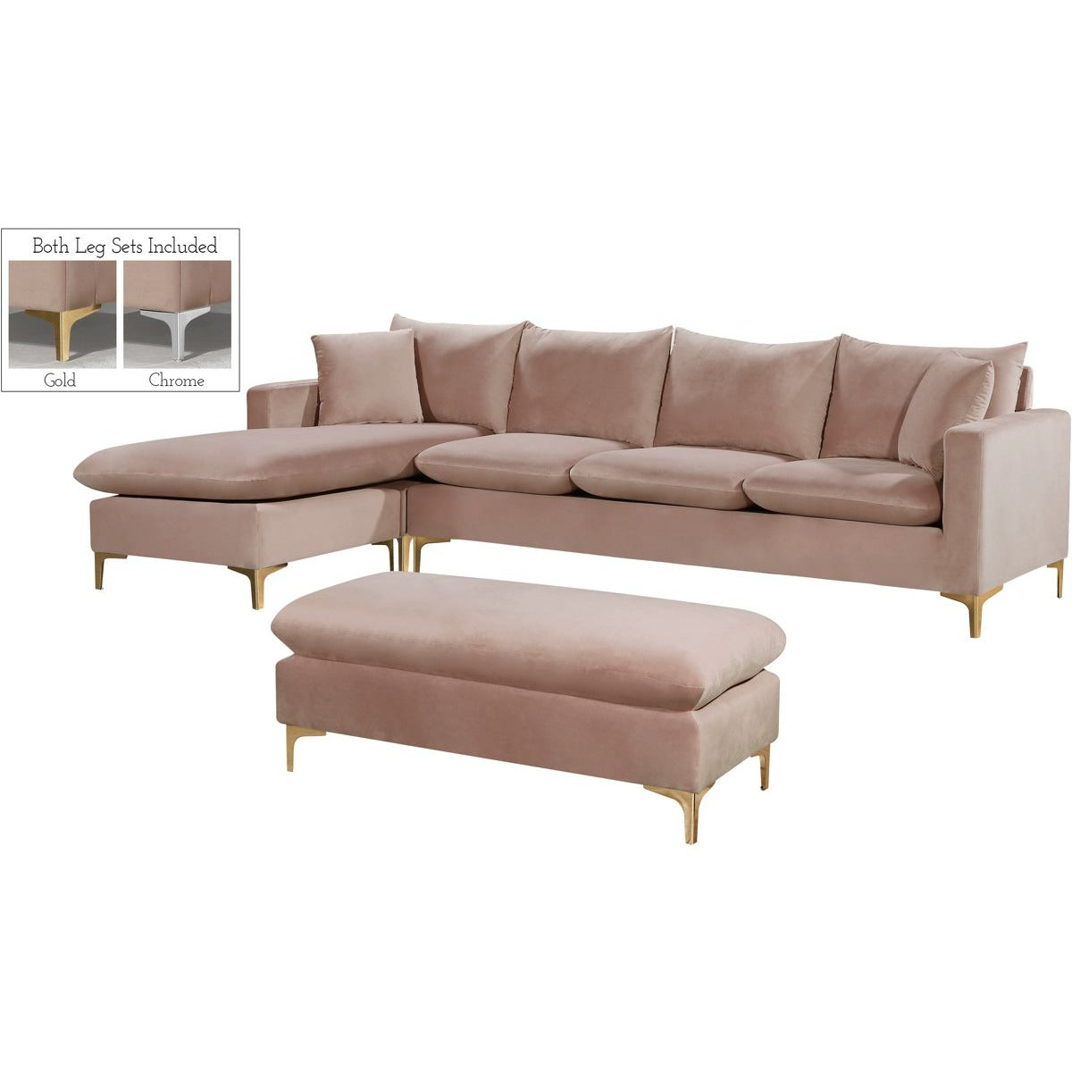 Meridian Furniture Naomi Pink Velvet 3pc. Sectional-Minimal & Modern