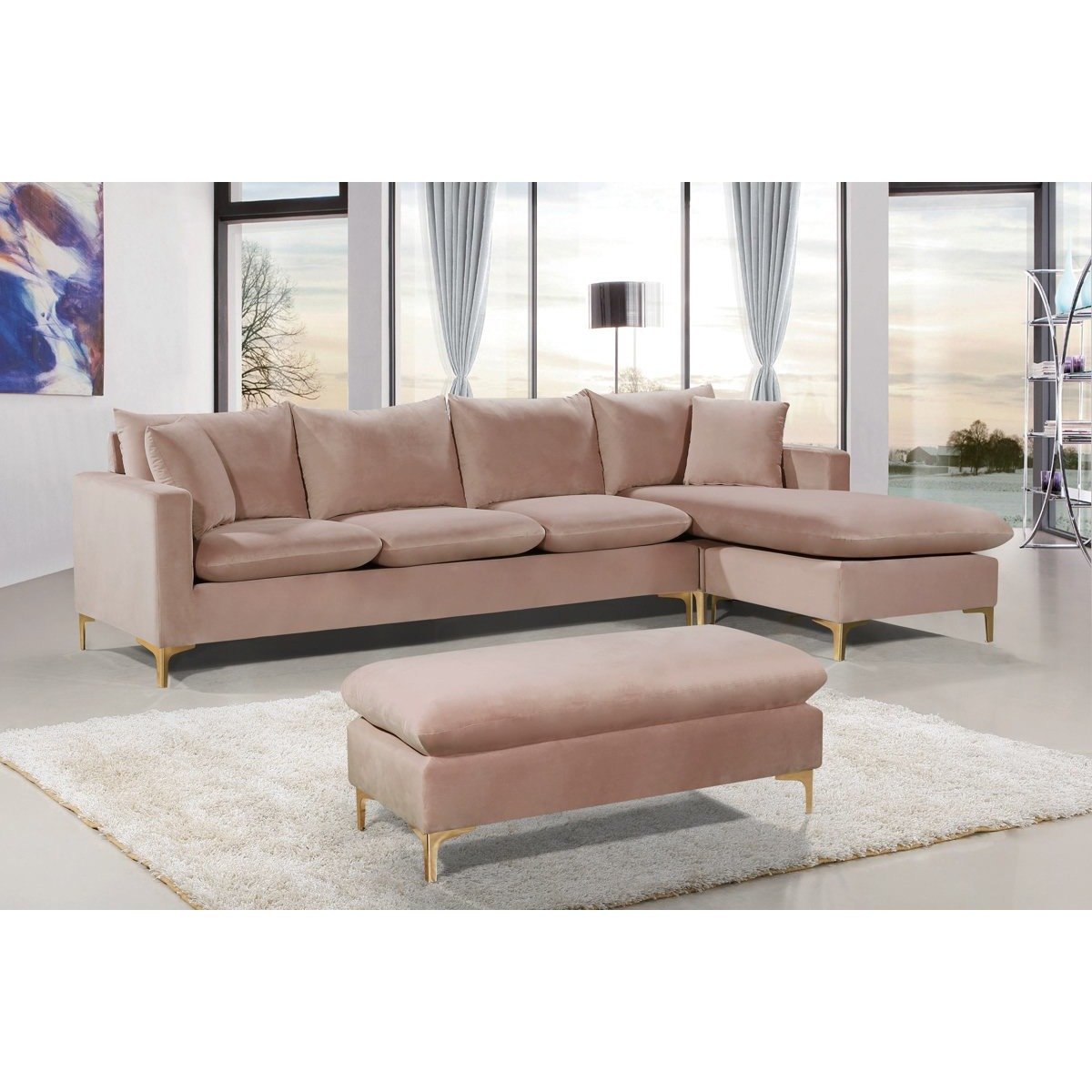 Meridian Furniture Naomi Pink Velvet 2pc. Reversible Sectional