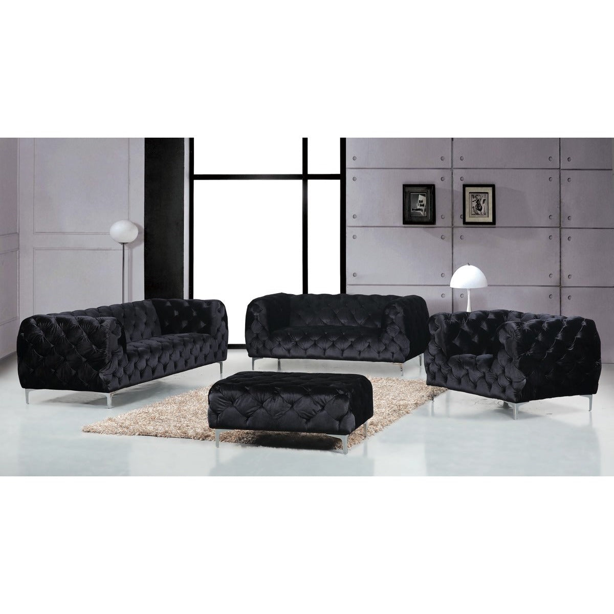 Meridian Furniture Mercer Black Velvet Ottoman-Minimal & Modern
