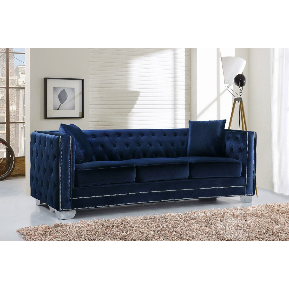 Meridian Furniture Reese Navy Velvet Sofa-Minimal & Modern