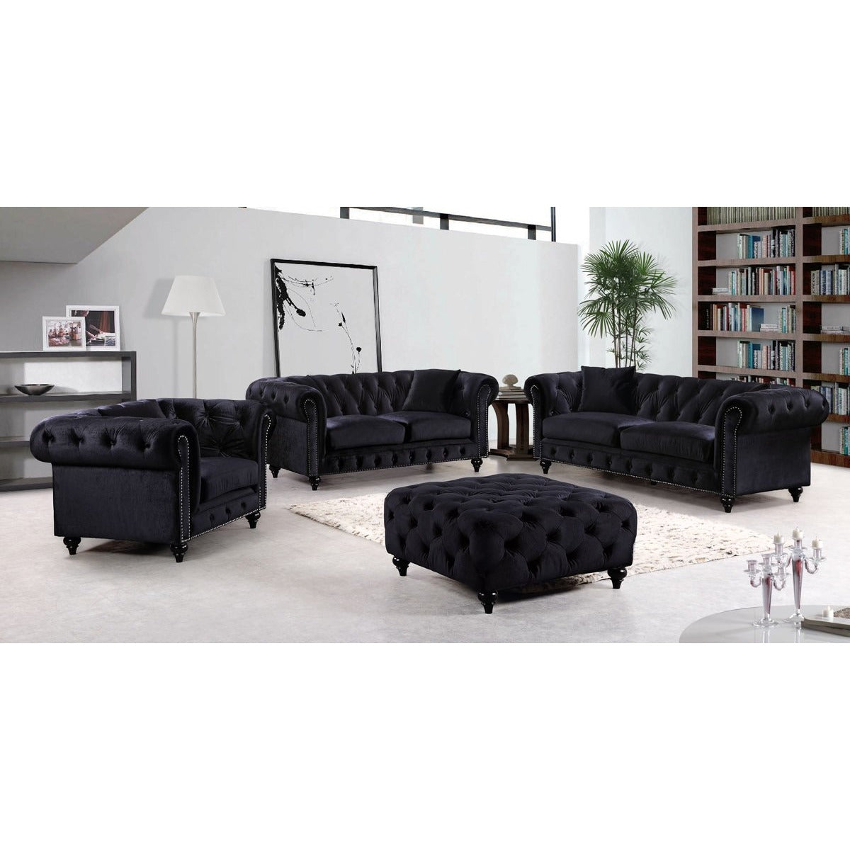 Meridian Furniture Chesterfield Black Velvet Ottoman-Minimal & Modern