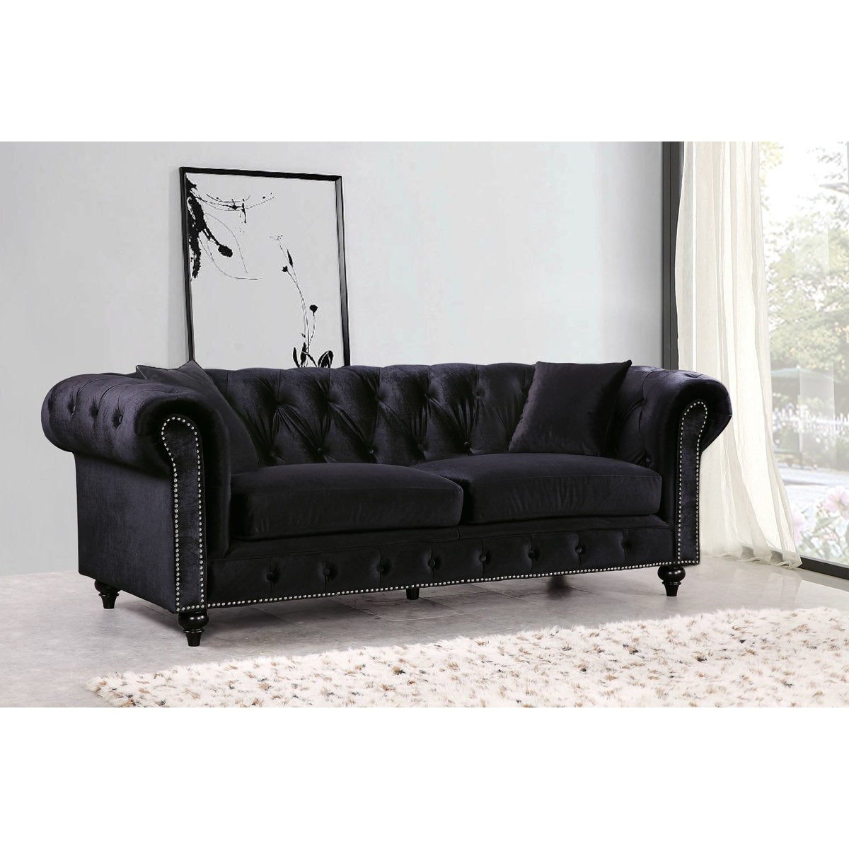 Meridian Furniture Chesterfield Black Velvet Sofa-Minimal & Modern