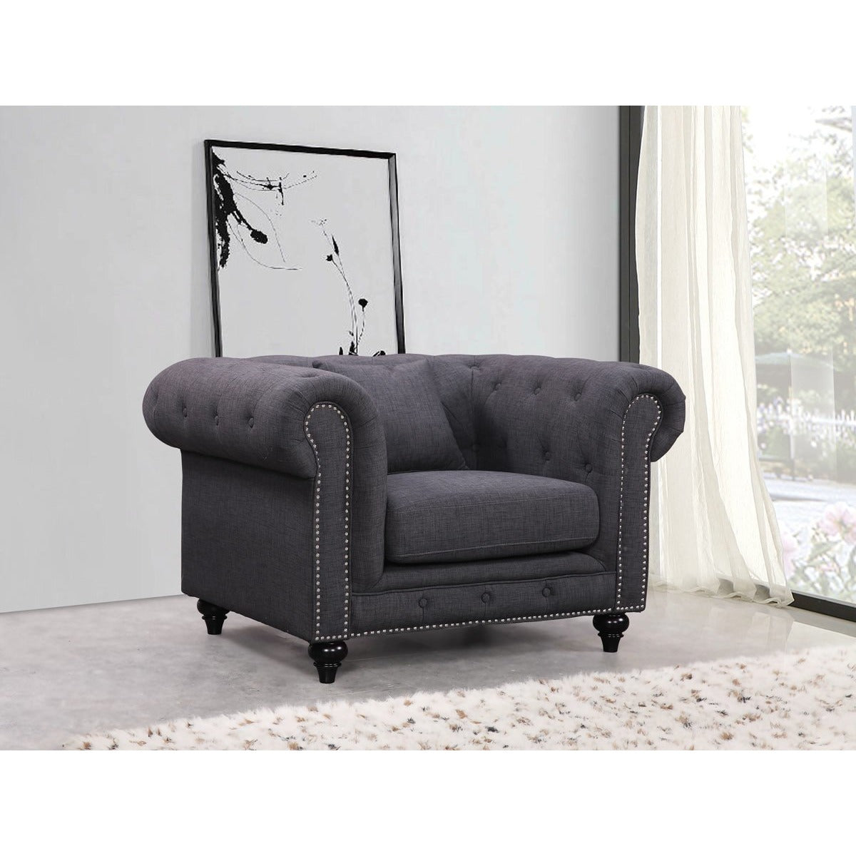 Meridian Furniture Chesterfield Grey Linen Chair-Minimal & Modern
