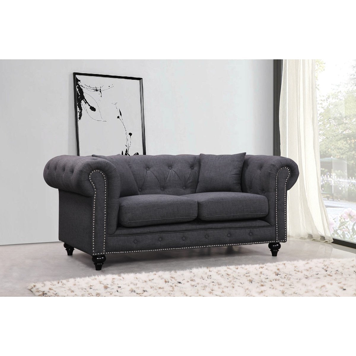 Meridian Furniture Chesterfield Grey Linen Loveseat-Minimal & Modern