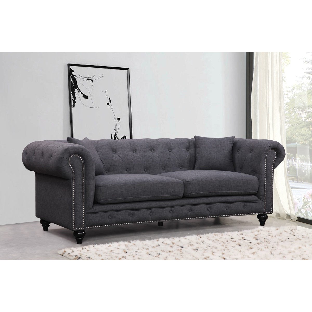 Meridian Furniture Chesterfield Grey Linen Sofa-Minimal & Modern