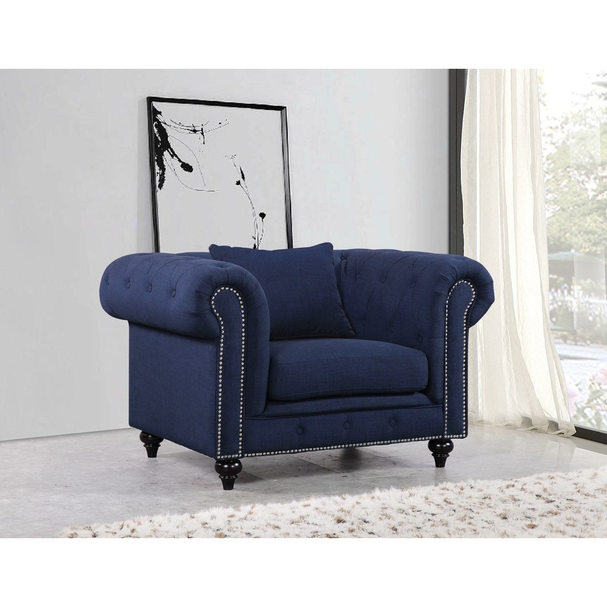 Meridian Furniture Chesterfield Navy Linen Chair-Minimal & Modern