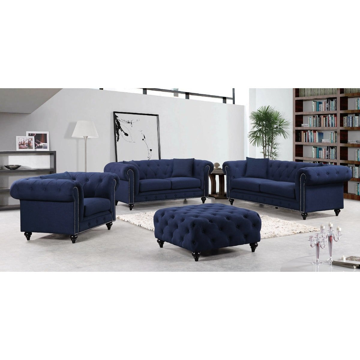 Meridian Furniture Chesterfield Navy Linen Loveseat-Minimal & Modern