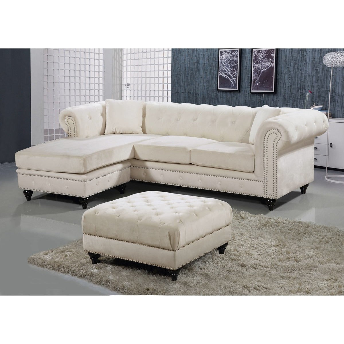 Meridian Furniture Sabrina Cream Velvet 2pc. Reversible Sectional-Minimal & Modern