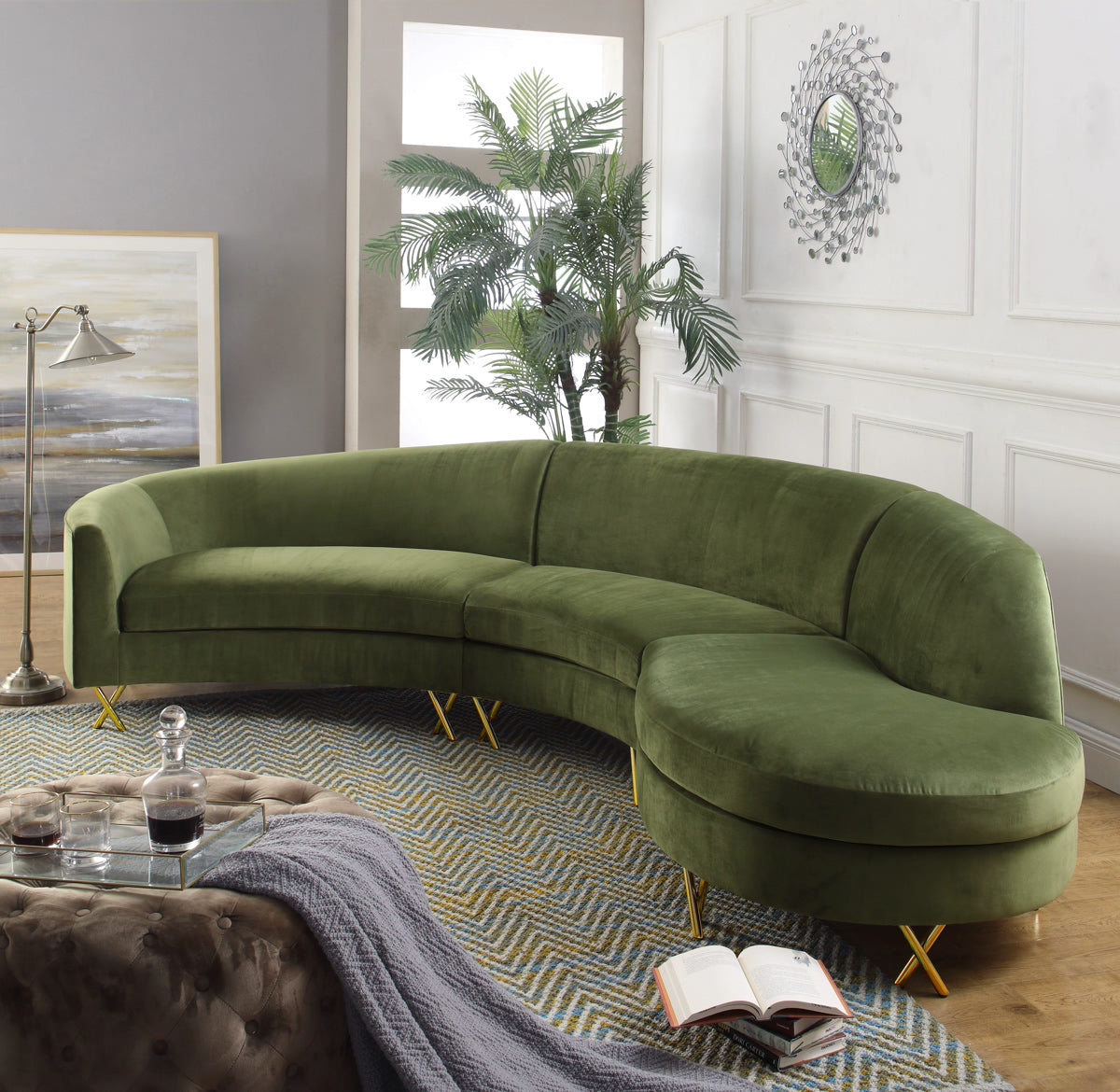 Meridian Furniture Serpentine Olive Velvet 3pc. Sectional