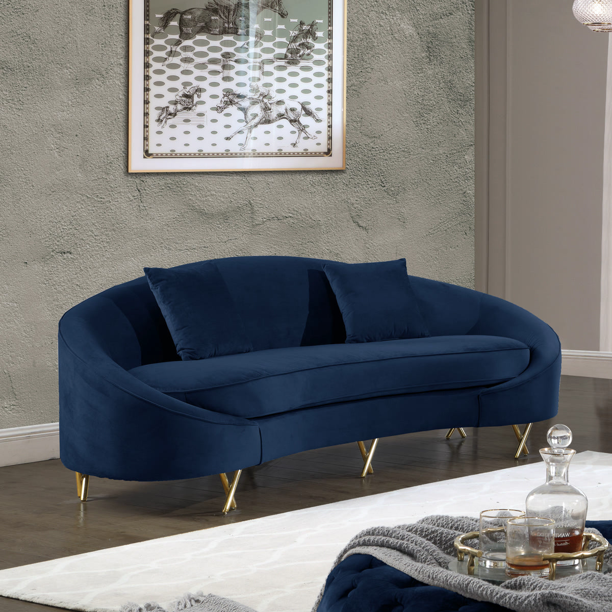 Meridian Furniture Serpentine Navy Velvet Sofa