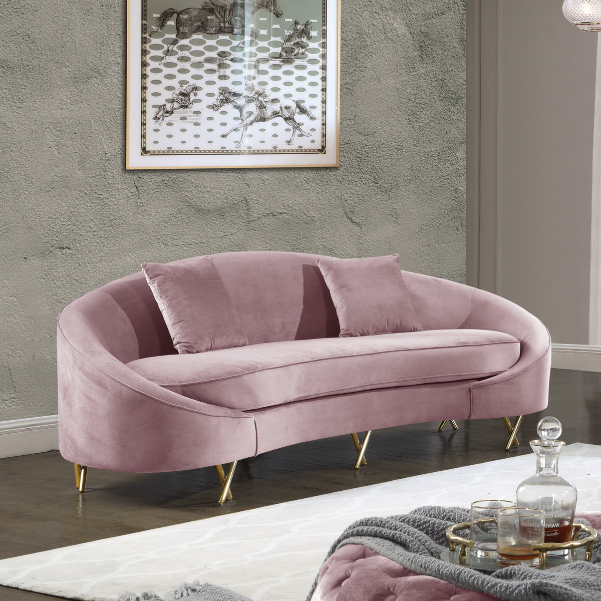 Meridian Furniture Serpentine Pink Velvet Sofa