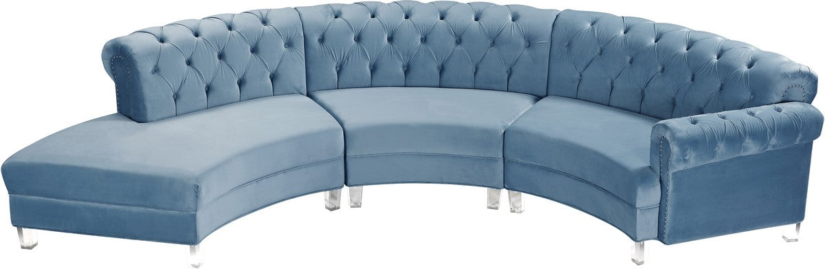Meridian Furniture Anabella Sky Blue Velvet 3pc. Sectional