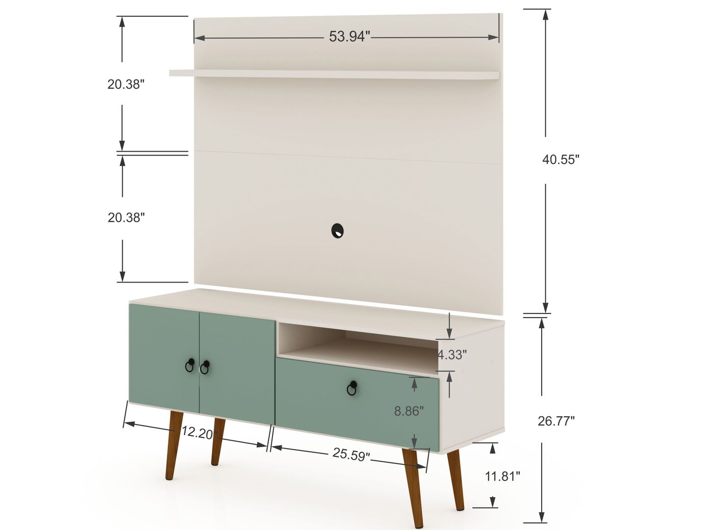 Manhattan Comfort Tribeca 53.94 Mid-Century Modern TV Stand and Panel with Media and Display Shelves in Off White and Green Mint