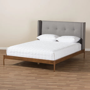 Baxton Studio Brooklyn Mid-Century Modern Walnut Wood Grey Fabric Queen Size Platform Bed Baxton Studio-Queen Bed-Minimal And Modern - 9