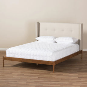 Baxton Studio Brooklyn Mid-Century Modern Walnut Wood Beige Fabric King Size Platform Bed Baxton Studio-King Bed-Minimal And Modern - 9