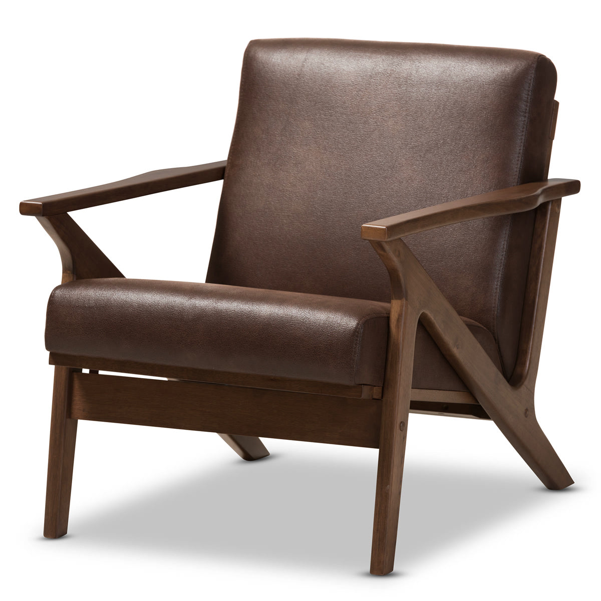 Baxton Studio Bianca Mid-Century Modern Walnut Wood Dark Brown Distressed Faux Leather Lounge Chair Baxton Studio-chairs-Minimal And Modern - 2
