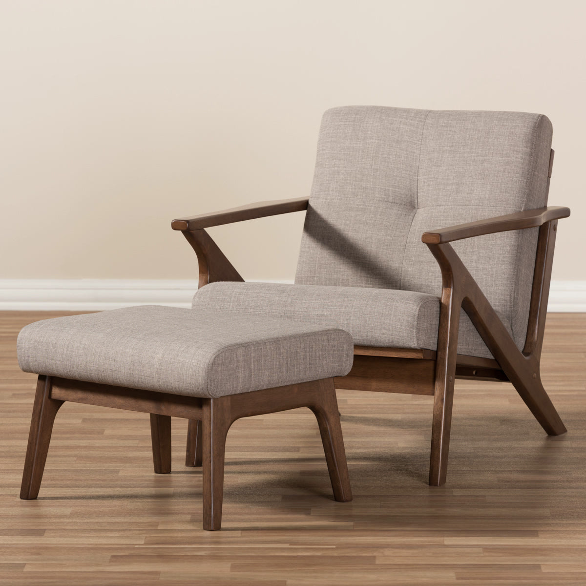 Baxton Studio Bianca Mid-Century Modern Walnut Wood Light Grey Fabric Tufted Lounge Chair And Ottoman Set Baxton Studio--Minimal And Modern - 8