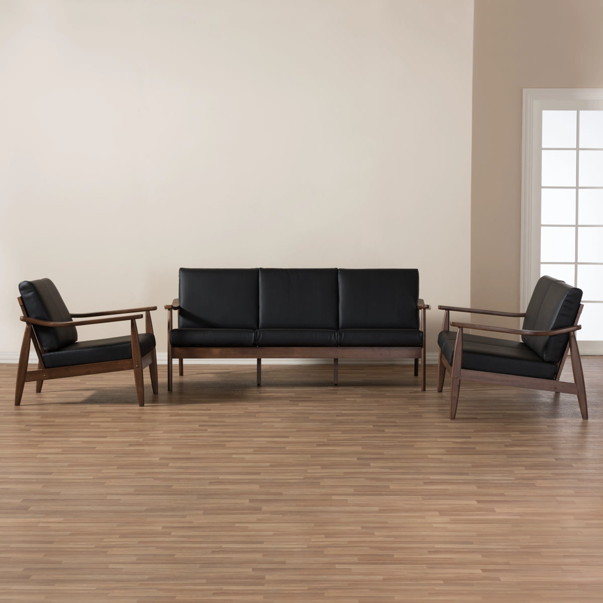 Baxton Studio Venza Mid-Century Modern Walnut Wood Black Faux Leather 3-Piece Livingroom Set Baxton Studio--Minimal And Modern - 5