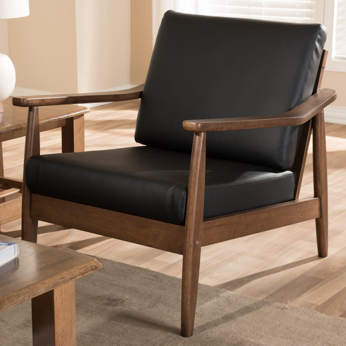 Baxton Studio Venza Mid-Century Modern Walnut Wood Black Faux Leather Lounge Chair Baxton Studio-chairs-Minimal And Modern - 1