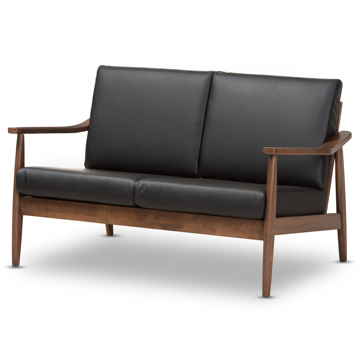 Baxton Studio Venza Mid-Century Modern Walnut Wood Black Faux Leather 2-Seater Loveseat Baxton Studio-sofas-Minimal And Modern - 2