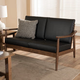 Baxton Studio Venza Mid-Century Modern Walnut Wood Black Faux Leather 2-Seater Loveseat Baxton Studio-sofas-Minimal And Modern - 1