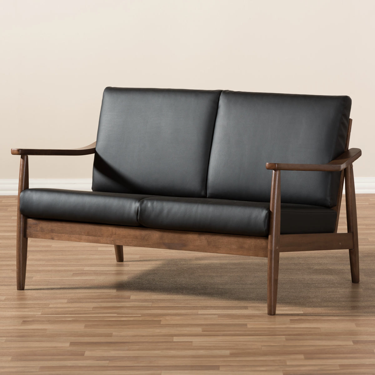 Baxton Studio Venza Mid-Century Modern Walnut Wood Black Faux Leather 2-Seater Loveseat Baxton Studio-sofas-Minimal And Modern - 8