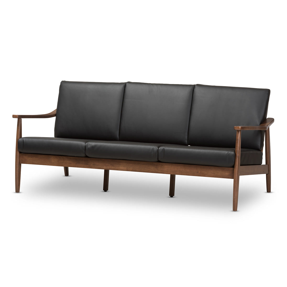 Baxton Studio Venza Mid-Century Modern Walnut Wood Black Faux Leather 3-Seater Sofa Baxton Studio-sofas-Minimal And Modern - 2
