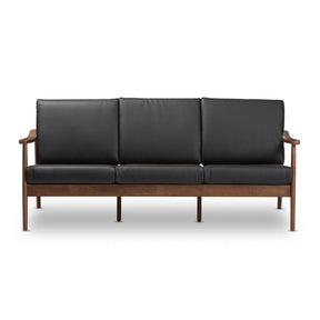 Baxton Studio Venza Mid-Century Modern Walnut Wood Black Faux Leather 3-Seater Sofa Baxton Studio-sofas-Minimal And Modern - 3