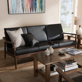 Baxton Studio Venza Mid-Century Modern Walnut Wood Black Faux Leather 3-Seater Sofa Baxton Studio-sofas-Minimal And Modern - 1