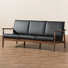 Baxton Studio Venza Mid-Century Modern Walnut Wood Black Faux Leather 3-Seater Sofa Baxton Studio-sofas-Minimal And Modern - 8