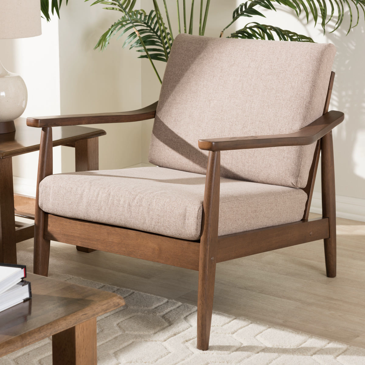 Baxton Studio Venza Mid-Century Modern Walnut Wood Light Brown Fabric Upholstered Lounge Chair Baxton Studio-chairs-Minimal And Modern - 1