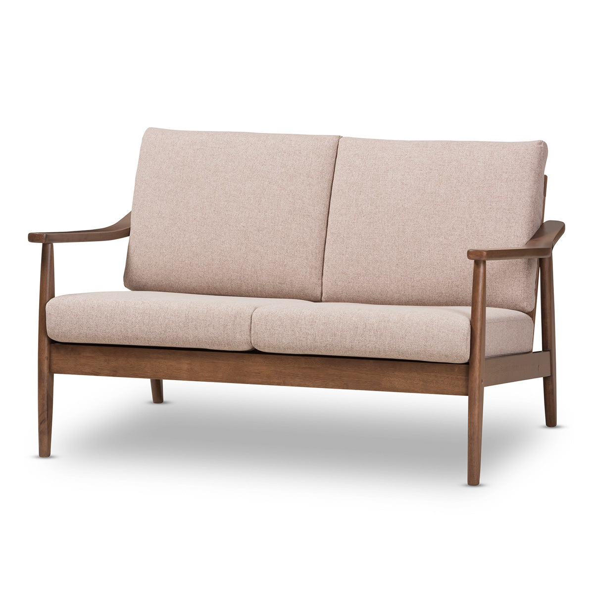 Baxton Studio Venza Mid-Century Modern Walnut Wood Light Brown Fabric Upholstered 2-Seater Loveseat Baxton Studio-sofas-Minimal And Modern - 2