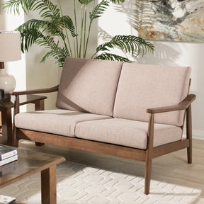 Baxton Studio Venza Mid-Century Modern Walnut Wood Light Brown Fabric Upholstered 2-Seater Loveseat Baxton Studio-sofas-Minimal And Modern - 1