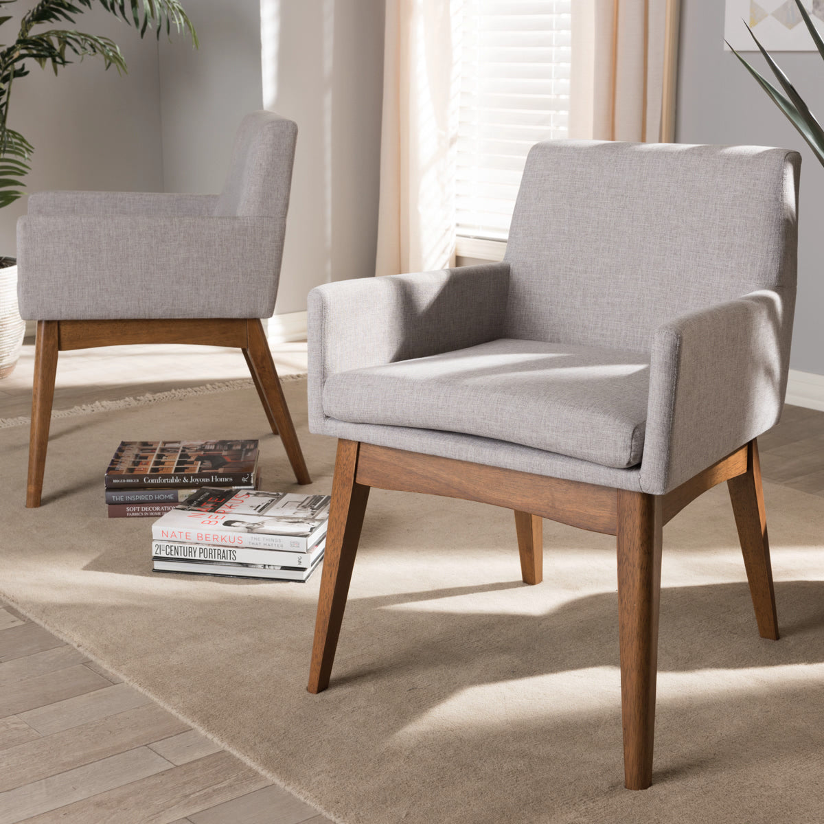 Baxton Studio Nexus Mid-Century Modern Walnut Wood Finishing Greyish Beige Fabric Dining Armchair (Set of 2) Baxton Studio-dining chair-Minimal And Modern - 1