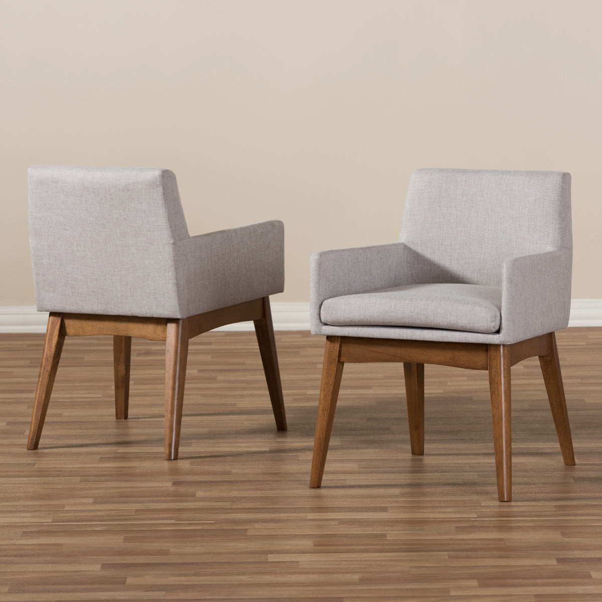Baxton Studio Nexus Mid-Century Modern Walnut Wood Finishing Greyish Beige Fabric Dining Armchair (Set of 2) Baxton Studio-dining chair-Minimal And Modern - 6