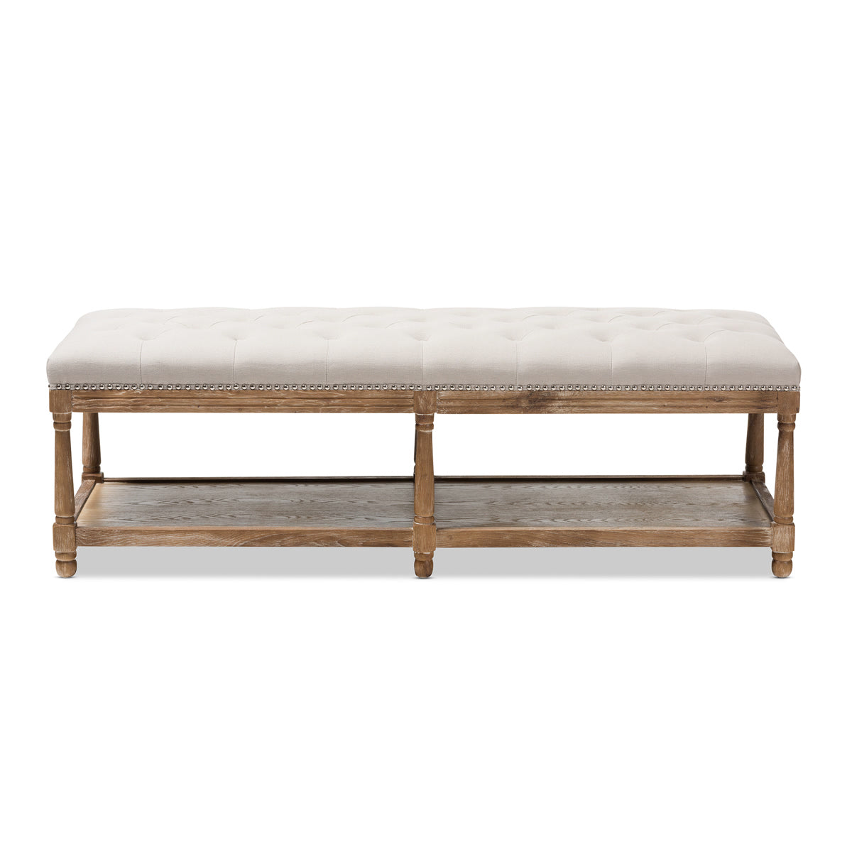 Baxton Studio Celeste French Country Weathered Oak Beige Linen Upholstered Ottoman Bench Baxton Studio-benches-Minimal And Modern - 3