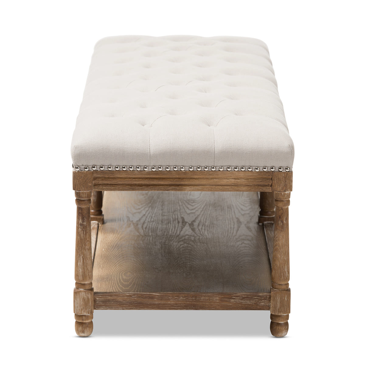 Baxton Studio Celeste French Country Weathered Oak Beige Linen Upholstered Ottoman Bench Baxton Studio-benches-Minimal And Modern - 4