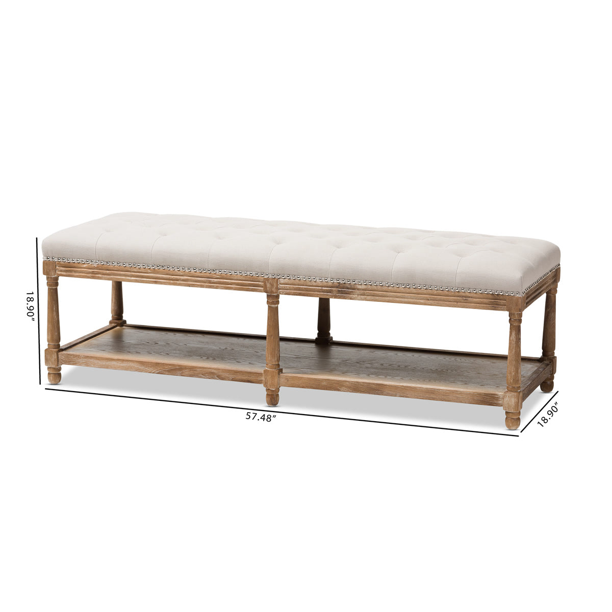 Baxton Studio Celeste French Country Weathered Oak Beige Linen Upholstered Ottoman Bench Baxton Studio-benches-Minimal And Modern - 8