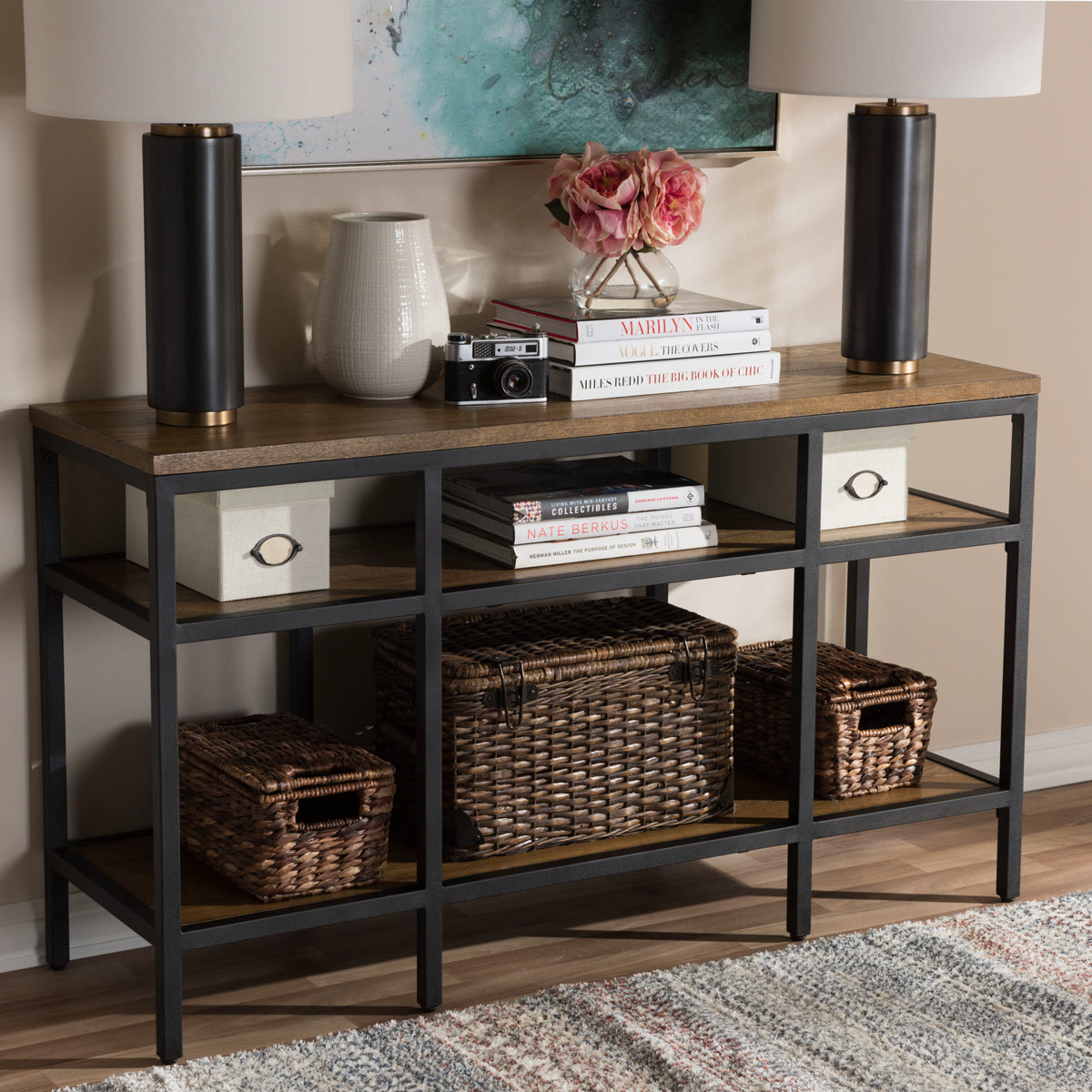 Baxton Studio Caribou Rustic Industrial Style Oak Brown Finished Wood and Black Finished Metal Console Table Baxton Studio-tv Stands-Minimal And Modern - 6